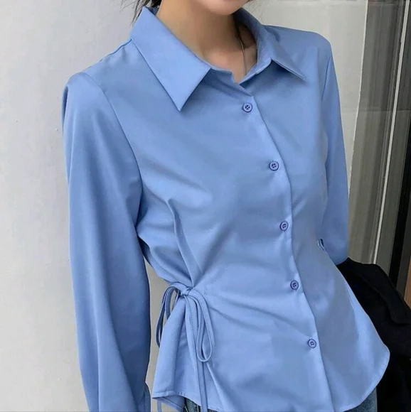 Solid Color Business Casual V-Neck Long Sleeve Cinched Waist Women Blouse - Picture 3 of 4